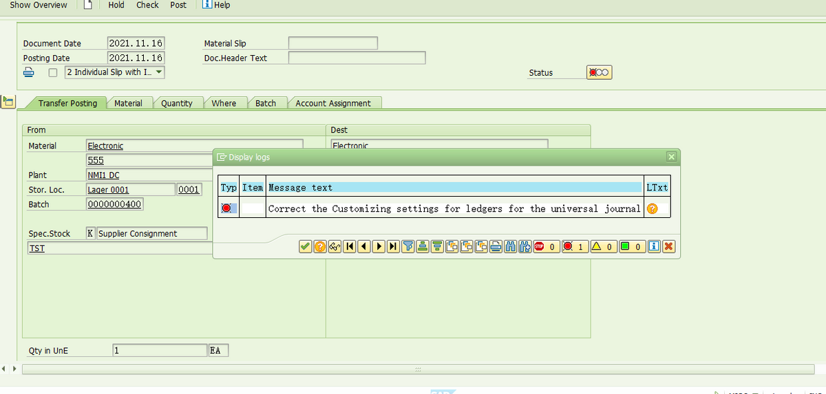 SAP MM MIGO 411K 报错 – Correct the Customizing settings for ledgers for the universal journal –-牛翰网