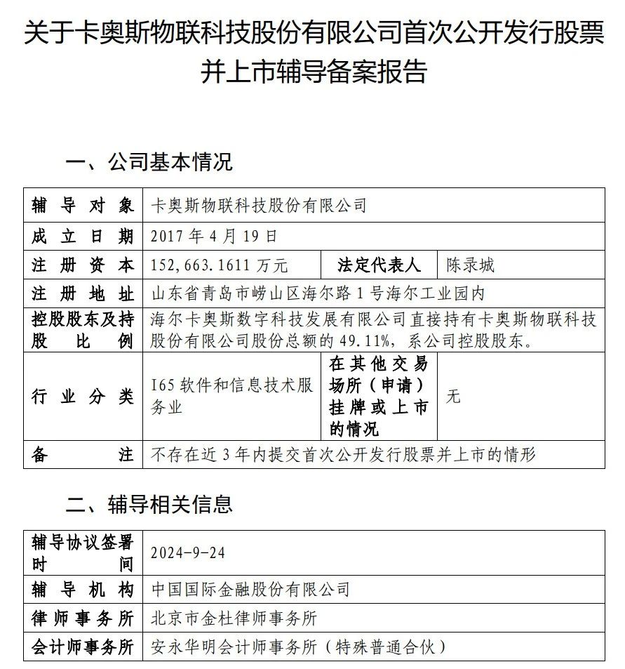 平台估值超164亿，卡奥斯开启IPO上市之路